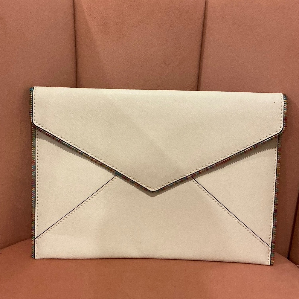 Rebecca Minkoff white envelope clutch with rainbow accents